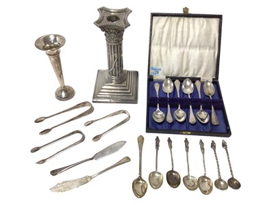 Lot 262 - Selection of miscellaneous silver including one candlestick, spill vase, cased set six teaspoons and other flatware (various dates and makers).