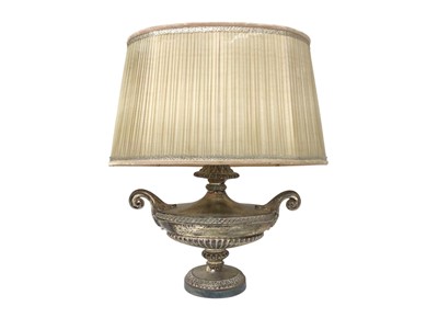 Lot 318 - Silver plated urn-shaped table lamp base, with pleated shade