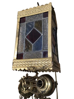 Lot 1198 - Antique stained glass and brass hall lantern with rise and fall pulley mechanism