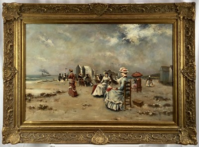 Lot 259 - 20th century oil on canvas- figures at the seaside, 60cm x 90cm, in gilt frame