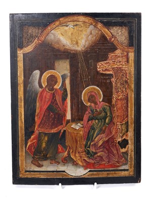 Lot 707 - 17th century Cretan icon on panel, depicting The Annunciation, 35 x 27cm