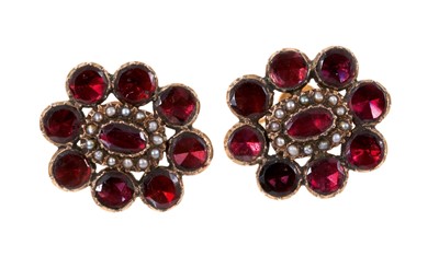 Lot 488 - Pair of Georgian garnet and seed pearl cluster earrings