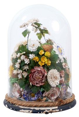 Lot 1127 - Large Victorian shell work assemblage, in the form of a floral arrangement, presented under glazed dome, 45cm high