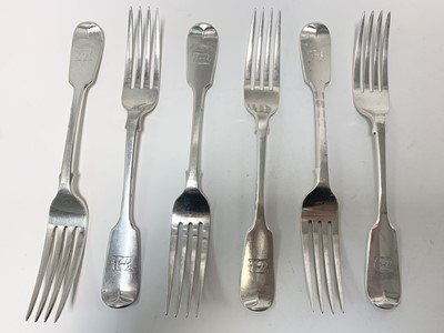 Lot 270 - Set of six Victorian Fiddle pattern dinner forks with engraved armorial crests (London 1860)