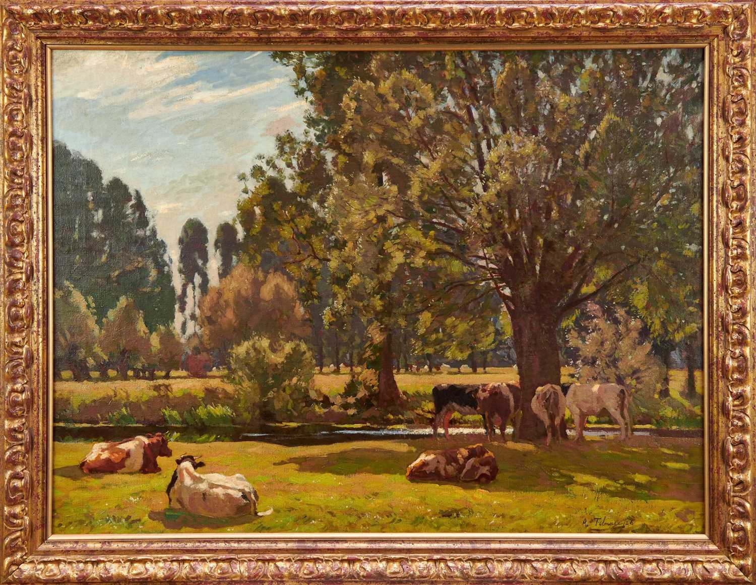 Lot 805 - Algernon Mayow Talmage (1871-1939) oil on canvas - Cattle grazing beside the Stour at Dedham, signed and dated 1926, 77cm x 102cm, in gilt frame