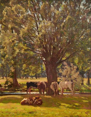 Lot 805 - Algernon Mayow Talmage (1871-1939) oil on canvas - Cattle grazing beside the Stour at Dedham, signed and dated 1926, 77cm x 102cm, in gilt frame