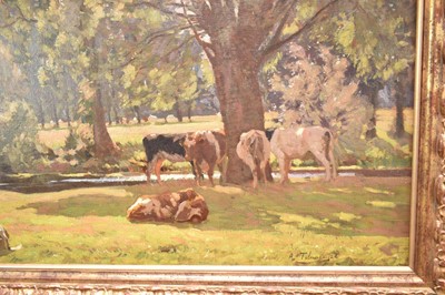 Lot 805 - Algernon Mayow Talmage (1871-1939) oil on canvas - Cattle grazing beside the Stour at Dedham, signed and dated 1926, 77cm x 102cm, in gilt frame