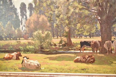 Lot 805 - Algernon Mayow Talmage (1871-1939) oil on canvas - Cattle grazing beside the Stour at Dedham, signed and dated 1926, 77cm x 102cm, in gilt frame