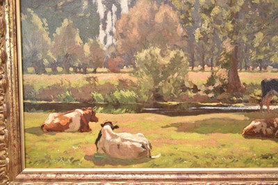 Lot 805 - Algernon Mayow Talmage (1871-1939) oil on canvas - Cattle grazing beside the Stour at Dedham, signed and dated 1926, 77cm x 102cm, in gilt frame