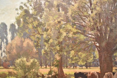 Lot 805 - Algernon Mayow Talmage (1871-1939) oil on canvas - Cattle grazing beside the Stour at Dedham, signed and dated 1926, 77cm x 102cm, in gilt frame