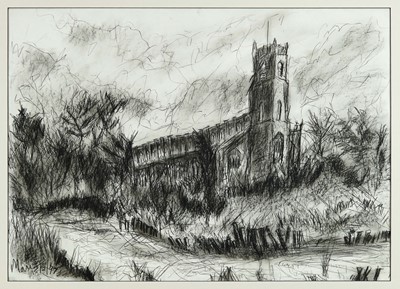 Lot 993 - *Leslie Marr (1922-2021) charcoal - Blythburgh Church, Suffolk, signed and dated 15/2/97, 56cm x 76cm, mounted