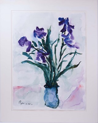 Lot 995 - *Leslie Marr (1922-2021) watercolour - Still Life Irises, signed and dated 16. May '00, 76cm x 56cm, mounted