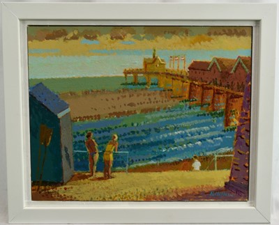 Lot 834 - Ronald Hellen (contemporary) acrylic on board, Southwold Pier, Evening, signed, 24cm x 30cm, framed