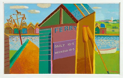 Lot 272 - Ronald Hellen (contemporary) acrylic on board, Walberswick Ferry, signed, 42cm x 69cm, framed