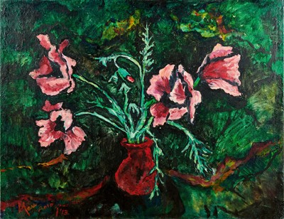 Lot 1428 - *Leslie Marr (1922-2021) oil on canvas - Still Life Poppies in a dark Landscape, signed and dated 2010 / '13, unframed, 71cm x 91.5cm