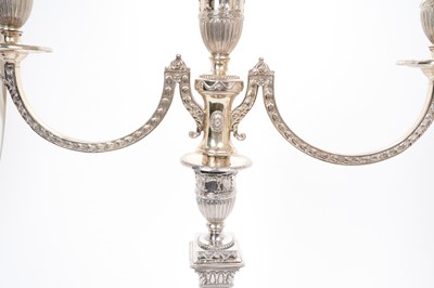 Lot 300 - Pair Impressive Victorian silver Adam-style candelabra with detachable triple branches, classical swag, ribbon and patr decoration on square bases, (London 1899) Goldsmiths & Silversmiths Co. 45cm...