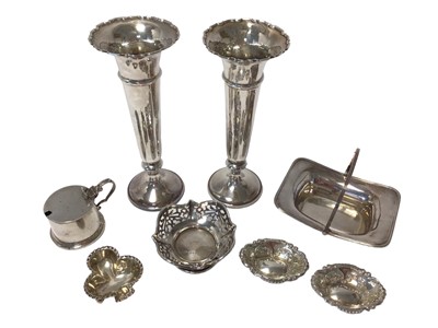 Lot 306 - Pair 1920s silver spill vases, silver trinket dishes and silver mustard pot (8) 24ozs