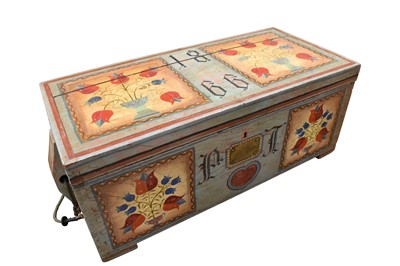 Lot 1147 - 19th century Eastern European painted marriage chest, dated 1866, with named brass plaque to front