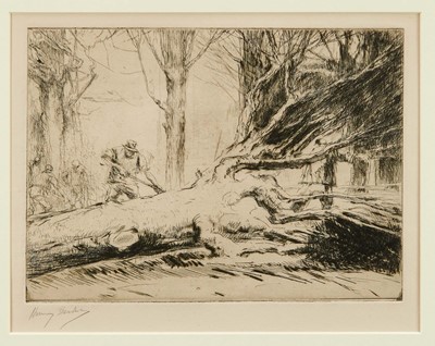 Lot 784 - Harry Becker (1865-1928) signed etching - Fallen Tree, 21cm x 27cm, in glazed frame 
Provenance: John Stevens Fine Art, Hadleigh Suffolk 
Illustrated: Becker by David Thompson, page 40