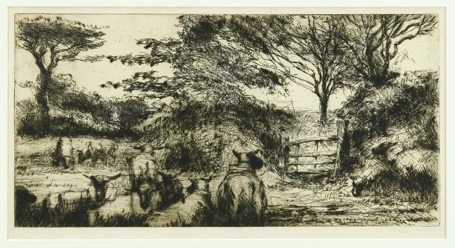 Lot 785 - Harry Becker (1865-1928) signed etching - Sheep by gate in Landscape, 27cm x 52cm, in glazed frame  
Provenance: John Stevens Fine Art, Hadleigh Suffolk