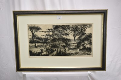 Lot 785 - Harry Becker (1865-1928) signed etching - Sheep by gate in Landscape, 27cm x 52cm, in glazed frame  
Provenance: John Stevens Fine Art, Hadleigh Suffolk