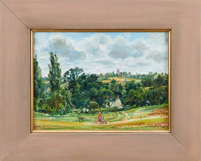 Lot 792 - David V. Thomas (b.1963) oil on canvas - 'Stoke By Nayland from the North East', inscribed verso, initialled and dated '98, 26cm x 36cm, framed