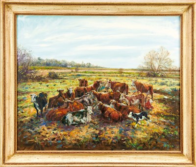 Lot 1365 - David V. Thomas (b.1963) oil on canvas - 'The Gambolling Calf', inscribed verso, initialled and dated '08, 77cm x 92cm, framed