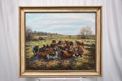 Lot 1365 - David V. Thomas (b.1963) oil on canvas - 'The Gambolling Calf', inscribed verso, initialled and dated '08, 77cm x 92cm, framed
