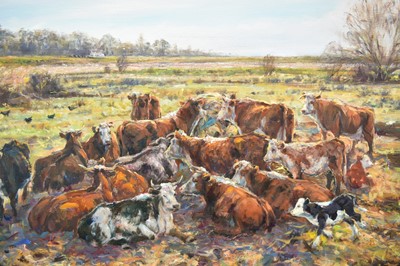 Lot 1365 - David V. Thomas (b.1963) oil on canvas - 'The Gambolling Calf', inscribed verso, initialled and dated '08, 77cm x 92cm, framed