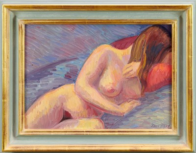 Lot 794 - *John Reay (1947-2011) oil on board - Reclining Female Nude, signed, 25cm x 34.5cm, framed