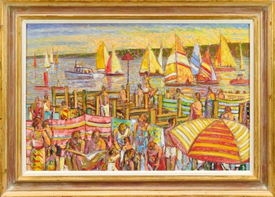 Lot 1407 - *John Reay (1947-2011) oil on board - Lowestoft Beach, signed, 50cm x 75cm, in gilt frame