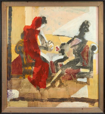 Lot 796 - *Brüer Tidman (b.1930) oil on paper - The Card Players, circa '89-90, apparently unsigned, 103cm x 94cm, in glazed frame