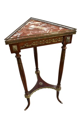 Lot 1164 - French walnut and metal mounted triangular marble topped corner washstand