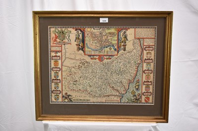 Lot 1049 - 17th century hand coloured John Speed engraved map of Suffolk, circa 1627, as sold by George Huble (Humble), English text verso, in double sided glazed frame, 38cm x 51cm