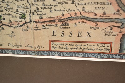 Lot 1049 - 17th century hand coloured John Speed engraved map of Suffolk, circa 1627, as sold by George Huble (Humble), English text verso, in double sided glazed frame, 38cm x 51cm