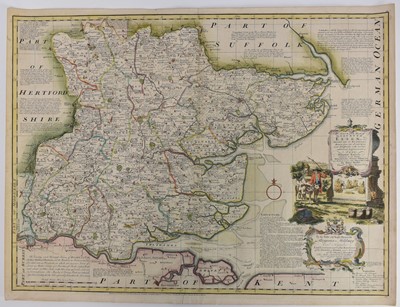 Lot 1047 - Mid 18th century hand coloured engraved map by Emanuel Bowen, 'An Accurate Map of the County of Essex', 1749-55, unframed, 56cm x 73cm