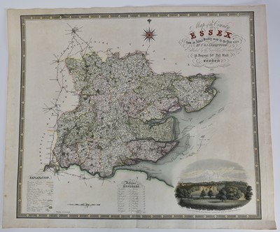 Lot 1046 - Early 19th century hand coloured engraved map by C & I Greenwood, 'Map of the County of Essex 1831', with a vignette of Audley End House, unframed, 65cm x 78cm