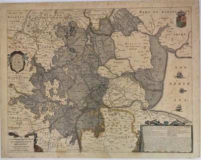 Lot 1045 - Mid 17th century hand coloured engraved map by Jansson, Amsterdam, circa 1640, 'A general Plott and description of the Fennes...', mounted on card, 47.5cm x 61cm