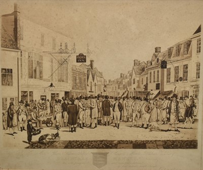 Lot 1044 - 19th century sepia aquatint engraving by R. G. Reeve after R. Crane, Braintree Market, circa 1830, 48cm x 58.5cm, in glazed frame