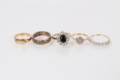 Lot 519 - Early 20th century diamond cluster ring in 18ct gold setting, Victorian sapphire and diamond three-stone gypsy ring and three 9ct gold and gem-set dress rings (5)