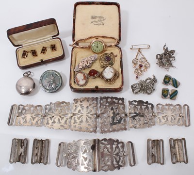 Lot 520 - Group of jewellery to include an Edwardian garnet and seed pearl pendant brooch, 1920s 9ct gold wristwatch, silver sovereign holder, marcasite St. George and the Dragon brooch, and sundry jewellery