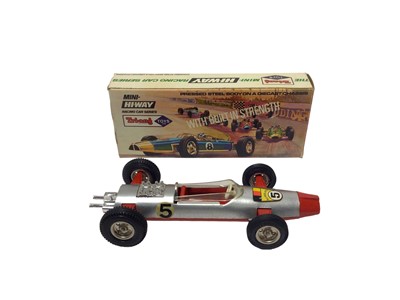 Lot 2 - Triang Mini Hi-way Racing Car Series including Daytona, Le Mans, Nurburgring, Monday (all have no driver), plus Usaki with driver, all boxed (5)