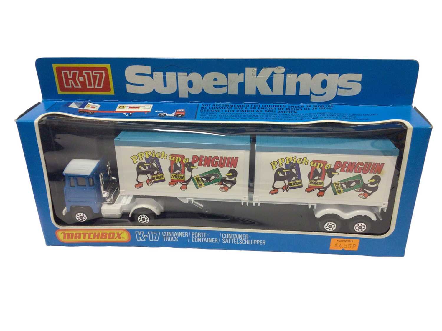 Lot 6 - Matchbox Super Kings including Airport Fire Tender K-75, Cargo Hauler K-33, Pallet Truck K-34, Container Truck K-17, Peterbilt Refrigeration Truck K-31 & Lamp Maintanance Set K-93, all boxed (6)