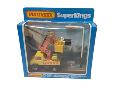 Lot 6 - Matchbox Super Kings including Airport Fire Tender K-75, Cargo Hauler K-33, Pallet Truck K-34, Container Truck K-17, Peterbilt Refrigeration Truck K-31 & Lamp Maintanance Set K-93, all boxed (6)
