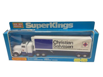 Lot 6 - Matchbox Super Kings including Airport Fire Tender K-75, Cargo Hauler K-33, Pallet Truck K-34, Container Truck K-17, Peterbilt Refrigeration Truck K-31 & Lamp Maintanance Set K-93, all boxed (6)