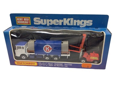Lot 6 - Matchbox Super Kings including Airport Fire Tender K-75, Cargo Hauler K-33, Pallet Truck K-34, Container Truck K-17, Peterbilt Refrigeration Truck K-31 & Lamp Maintanance Set K-93, all boxed (6)