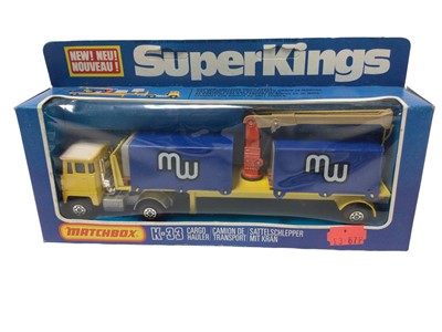 Lot 6 - Matchbox Super Kings including Airport Fire Tender K-75, Cargo Hauler K-33, Pallet Truck K-34, Container Truck K-17, Peterbilt Refrigeration Truck K-31 & Lamp Maintanance Set K-93, all boxed (6)