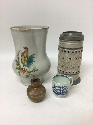 Lot 19 - French faience jug painted with a cockerel, a German stein, etc