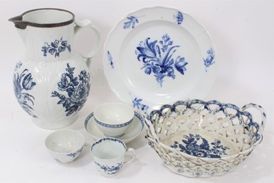 Lot 135 - Six pieces of 18th century blue and white Worcester porcelain, including a cabbage leaf jug, chestnut basket, etc