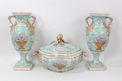 Lot 140 - Impressive pair of Continental porcelain vases decorated in the classical style on a light blue ground together with a matching tureen, the vases 38cm high
